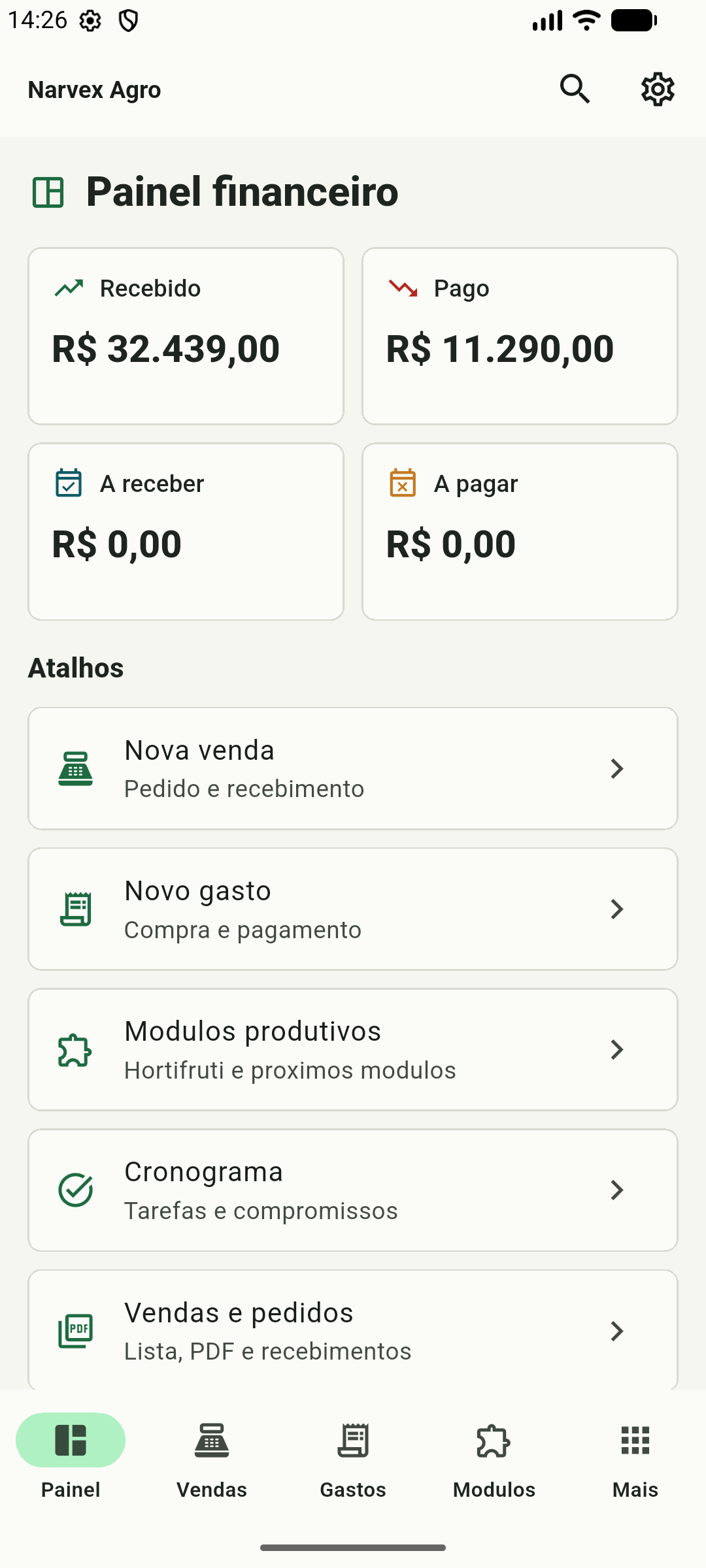 Tela real do painel financeiro do Narvex Agro